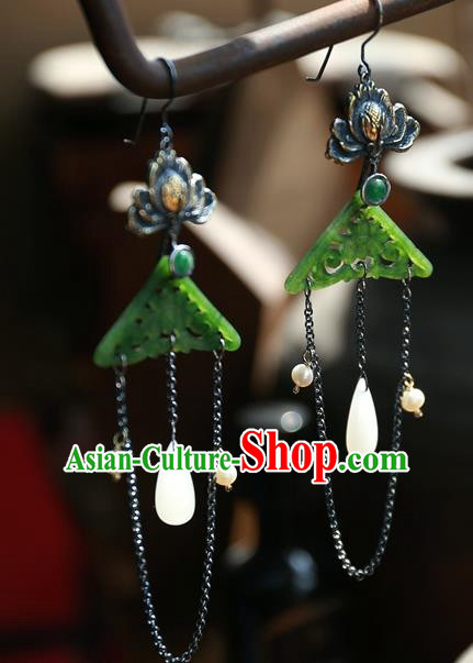 China Traditional Ancient Qing Dynasty Green Jade Earrings National Jewelry Handmade Carving Lotus Ear Accessories