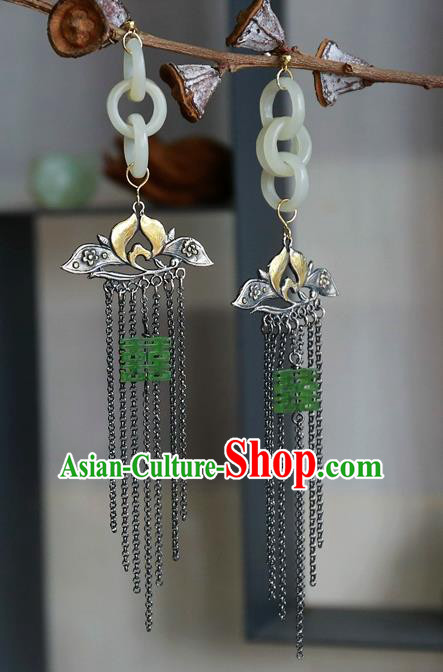 China Carving Lotus National Jewelry Traditional Ancient Qing Dynasty Earrings Handmade Jade Rings Ear Accessories