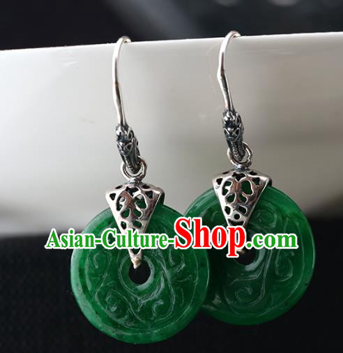 Handmade Chinese Cheongsam Green Jade Carving Earrings Traditional Silver Ear Jewelry Accessories