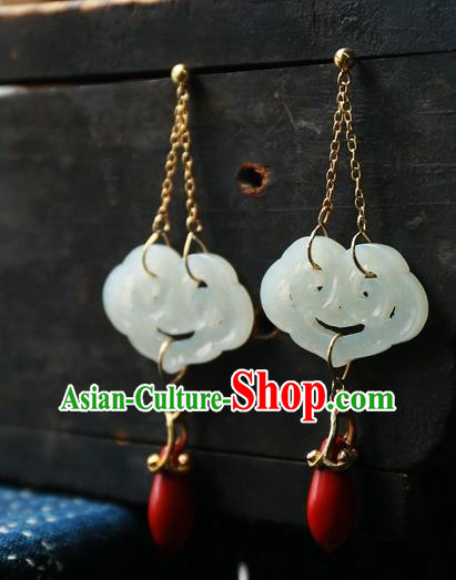 China Traditional Ancient Qing Dynasty Earrings Handmade Ear Accessories White Jade Cloud National Jewelry