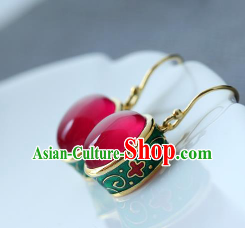 Handmade Chinese Enamel Earrings Traditional Ear Jewelry Red Corundum Accessories