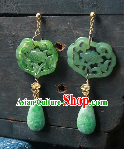 China Traditional Ancient Qing Dynasty Green Jade Earrings Handmade Ear Accessories National Jewelry