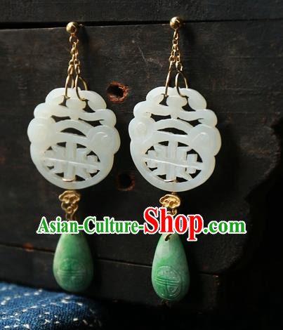 China Ancient Qing Dynasty White Jade Earrings National Jewelry Traditional Handmade Ear Accessories