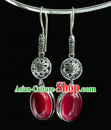 Handmade Chinese Traditional Silver Carving Ear Jewelry Eardrop Accessories Red Corundum Earrings