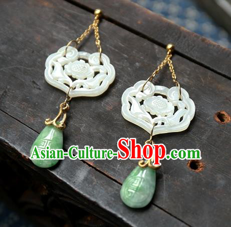 China Traditional Handmade White Jade Lock Ear Accessories National Wedding Jewelry Ancient Qing Dynasty Earrings