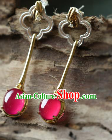 Handmade Chinese Traditional Ear Jewelry Classical Cheongsam Earrings Red Corundum Eardrop Accessories