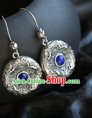 Handmade Chinese Traditional Silver Carving Ear Jewelry Classical Cheongsam Earrings Lapis Eardrop Accessories