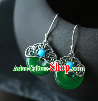 Handmade Chinese Traditional Ear Jewelry Silver Eardrop Classical Cheongsam Chrysoprase Earrings Accessories