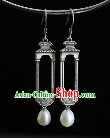 Handmade Chinese Traditional Pearl Ear Jewelry Eardrop Accessories Silver Carving Palace Earrings