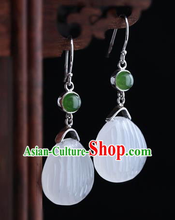 Handmade Chinese Silver Jade Eardrop Classical Cheongsam Carving Quartz Earrings Accessories Traditional Ear Jewelry