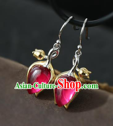 Handmade Chinese Red Corundum Eardrop Classical Cheongsam Earrings Accessories Traditional Convallaria Ear Jewelry