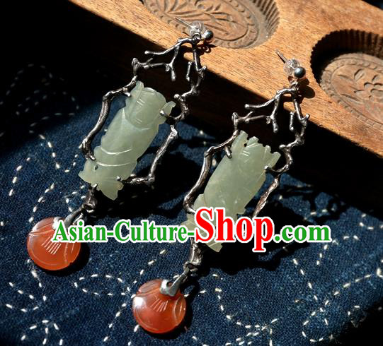 China Ancient Qing Dynasty Jade Carving Earrings Traditional Handmade Agate Ear Accessories National Wedding Jewelry