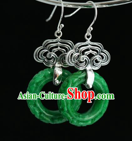 Handmade Chinese Traditional Silver Carving Cloud Ear Jewelry Eardrop Accessories Palace Jade Earrings