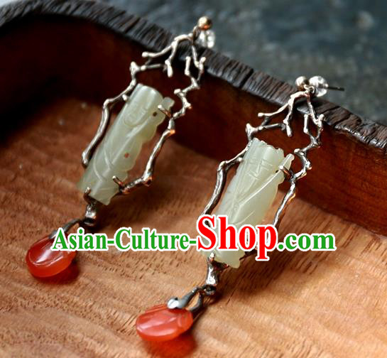 China Traditional Handmade Ear Accessories Ancient Qing Dynasty Earrings National Wedding Jade Carving Jewelry