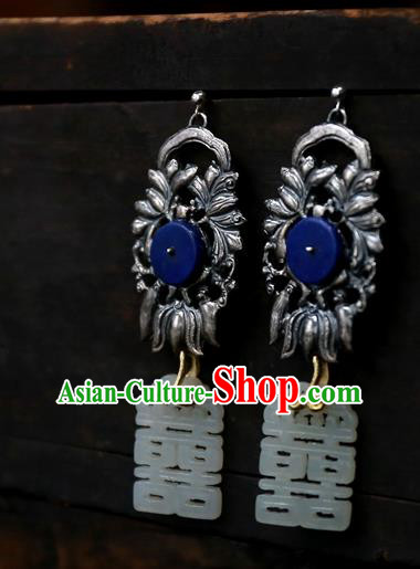 China National Wedding Jade Carving Jewelry Ancient Qing Dynasty Earrings Traditional Handmade Ear Accessories