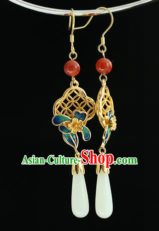 Handmade Chinese Traditional Hetian Jade Ear Jewelry Eardrop Accessories Palace Blueing Flower Earrings