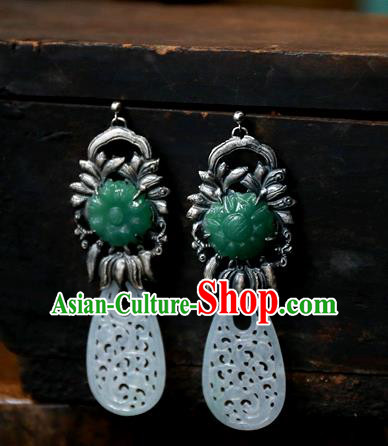 China National Wedding Silver Jewelry Ancient Qing Dynasty Earrings Traditional Handmade Jade Carving Ear Accessories