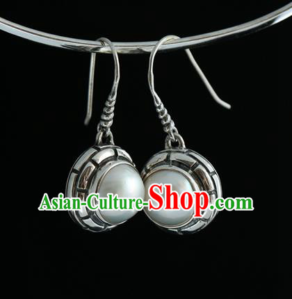 Handmade Chinese Traditional Pearl Ear Jewelry Eardrop Accessories Palace Silver Carving Earrings