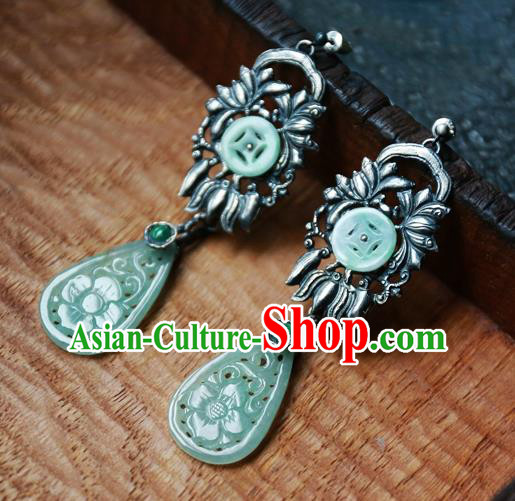 China National Silver Lotus Jewelry Ancient Qing Dynasty Earrings Traditional Handmade Green Jade Ear Accessories