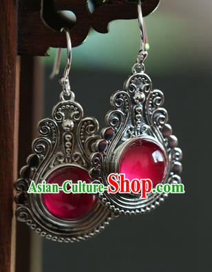 Handmade Chinese Traditional Red Corundum Ear Jewelry Eardrop Accessories Classical Silver Earrings