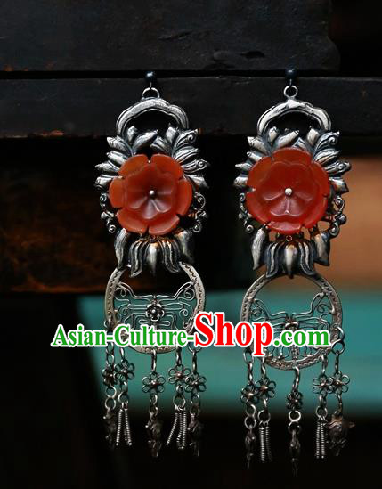 China National Silver Carving Jewelry Handmade Ear Accessories Traditional Cheongsam Red Flower Earrings