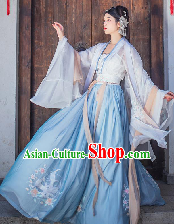 China Ancient Imperial Concubine Blue Embroidered Hanfu Clothing Traditional Tang Dynasty Palace Historical Costumes for Women