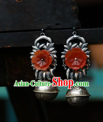 China Handmade Ear Accessories Traditional Cheongsam Red Flower Earrings National Silver Carving Ball Jewelry