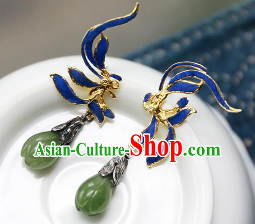 China Ancient Court Queen Earrings Traditional National Jewelry Handmade Qing Dynasty Jadeite Mangnolia Ear Accessories