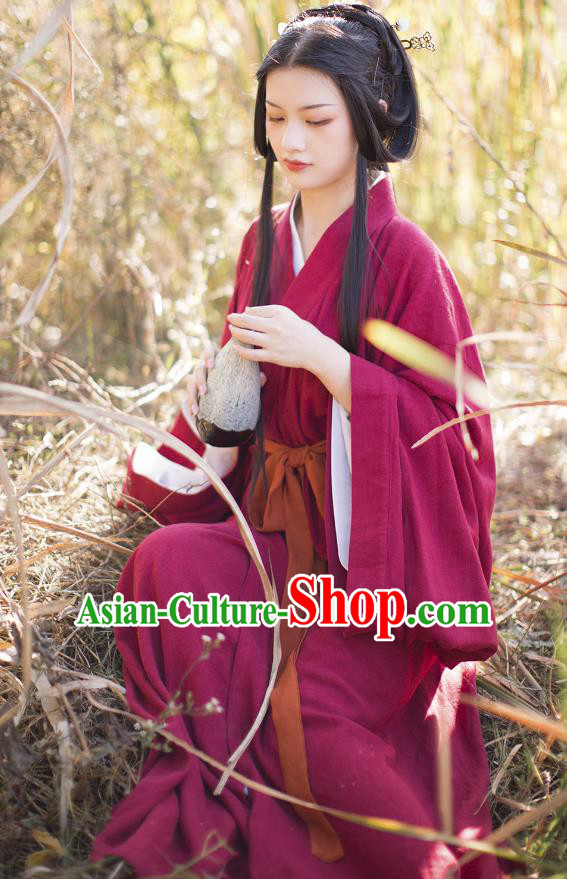 China Traditional Jin Dynasty Imperial Princess Historical Costume Ancient Female Swordsman Wine Red Hanfu Dress Clothing