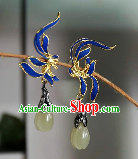 China Ancient Court Blueing Earrings Traditional National Jadeite Mangnolia Jewelry Handmade Qing Dynasty Ear Accessories