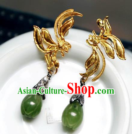 China Traditional National Jewelry Handmade Qing Dynasty Jade Ear Accessories Ancient Court Golden Earrings