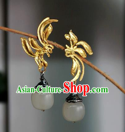 China Handmade Qing Dynasty White Jade Ear Accessories Ancient Court Golden Earrings Traditional National Jewelry