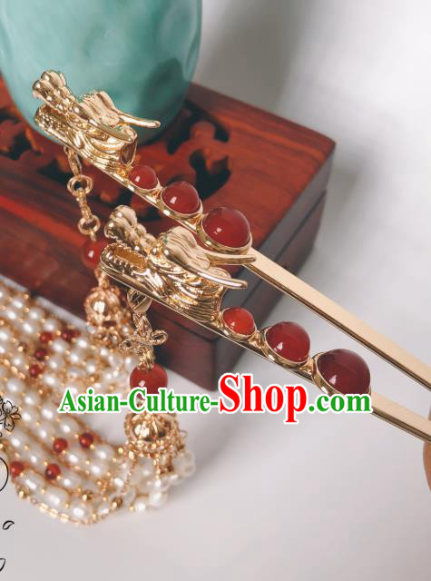 China Ming Dynasty Empress Golden Dragon Hair Stick Traditional Hanfu Hair Accessories Ancient Queen Pearls Tassel Hairpin