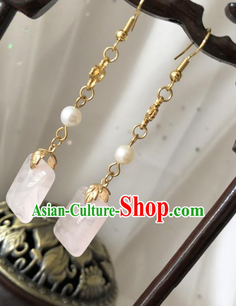 China Cheongsam Earrings Traditional Ming Dynasty Jewelry Ornaments Handmade Ancient Princess Rose Quartz Ear Accessories