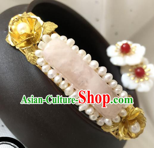 China Ming Dynasty Princess Rose Quartz Hair Stick Traditional Hanfu Hair Accessories Ancient Palace Lady Pearls Hairpin