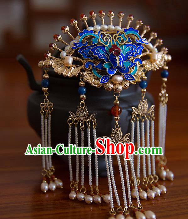 China Ming Dynasty Palace Tassel Hair Stick Traditional Hanfu Hair Accessories Ancient Empress Blueing Butterfly Hairpin