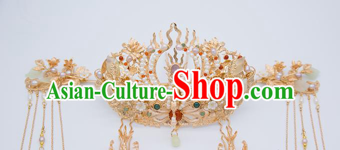 China Tang Dynasty Phoenix Coronet Traditional Hanfu Hair Accessories Ancient Empress Pearls Hair Crown and Hairpins