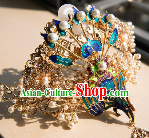 China Ming Dynasty Wedding Blueing Phoenix Hair Crown Traditional Hanfu Hair Accessories Ancient Court Hairpin