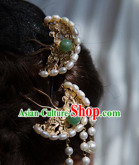 China Ming Dynasty Pearls Hair Clip Traditional Hanfu Hair Accessories Ancient Court Lady Brass Hairpin