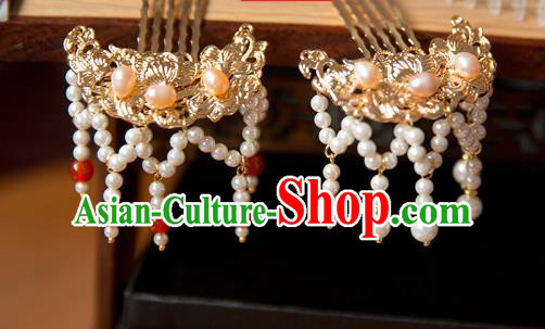 China Ming Dynasty Pearls Hairpin Traditional Hanfu Hair Accessories Ancient Court Lady Golden Hair Combs