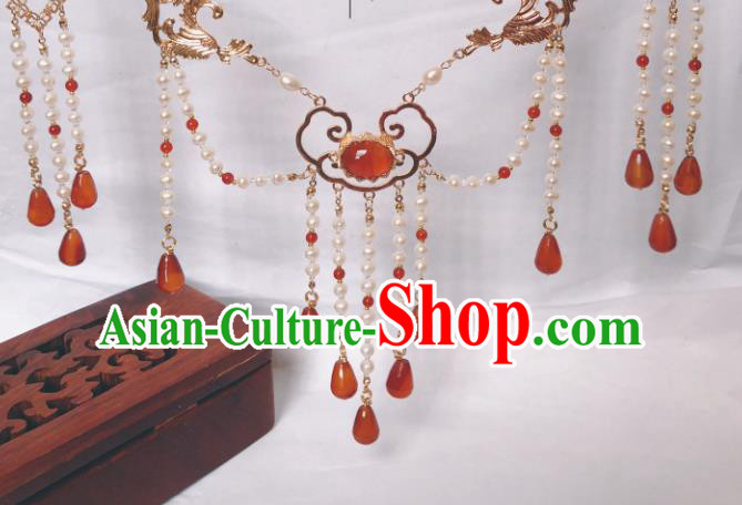 China Traditional Ancient Princess Pearls Tassel Necklace Handmade Ming Dynasty Agate Jewelry Accessories