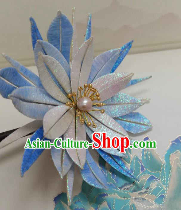 China Qing Dynasty Blue Silk Epiphyllum Hairpin Traditional Hanfu Hair Accessories Ancient Court Woman Hair Clip