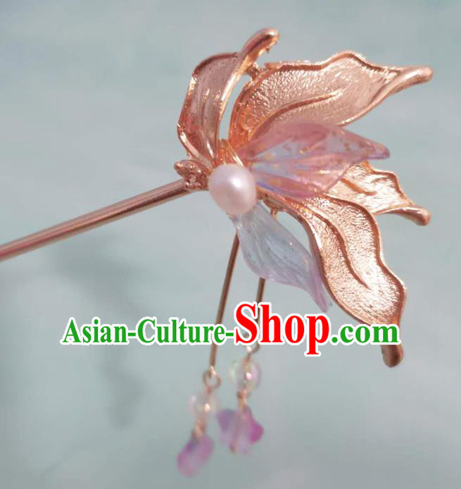 China Traditional Hanfu Hair Accessories Qing Dynasty Pink Orchid Hairpin Ancient Court Woman Tassel Hair Clip