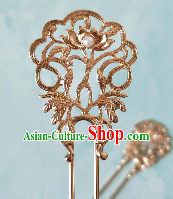 China Tang Dynasty Palace Lady Golden Lotus Hair Stick Ancient Court Woman Hairpins Traditional Hanfu Hair Accessories