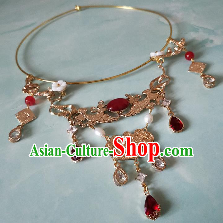 China Traditional Ancient Golden Phoenix Necklace Handmade Ming Dynasty Noble Female Jewelry Accessories