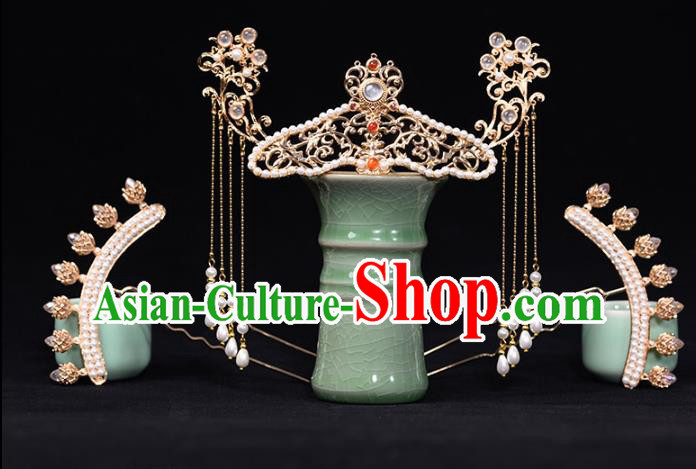 China Ancient Empress Hair Crown Hairpins Traditional Hanfu Hair Accessories Ming Dynasty Imperial Concubine Tassel Step Shake