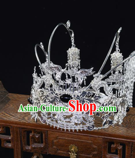 China Ancient Princess Phoenix Coronet Hairpins Traditional Hanfu Tang Dynasty Hair Accessories Argent Crane Hair Crown