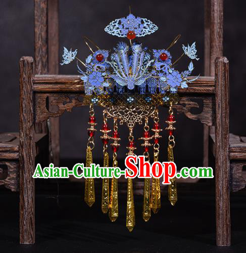 China Ancient Imperial Consort Phoenix Coronet Traditional Hanfu Qing Dynasty Hair Accessories Blueing Hair Comb Hairpins