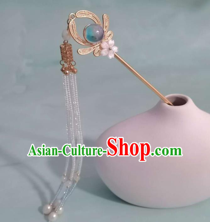 China Ming Dynasty Beads Tassel Hairpin Ancient Court Woman Brass Hair Crown Traditional Hanfu Hair Accessories