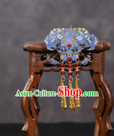 China Ancient Imperial Consort Hairpins Traditional Hanfu Qing Dynasty Hair Accessories Blueing Phoenix Hair Comb